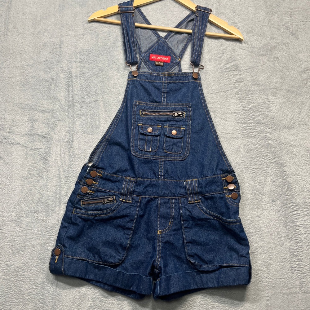 Y2K Hot Bottoms Denim Shortalls Womens Blue Dark Wash Multi-Pocket Cuffed Size 7